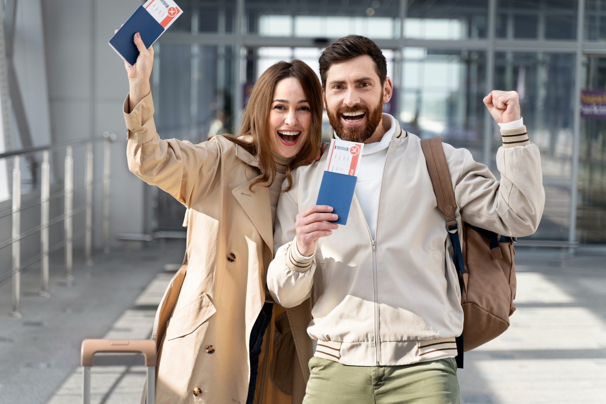 Students celebrating with passports and boarding passes