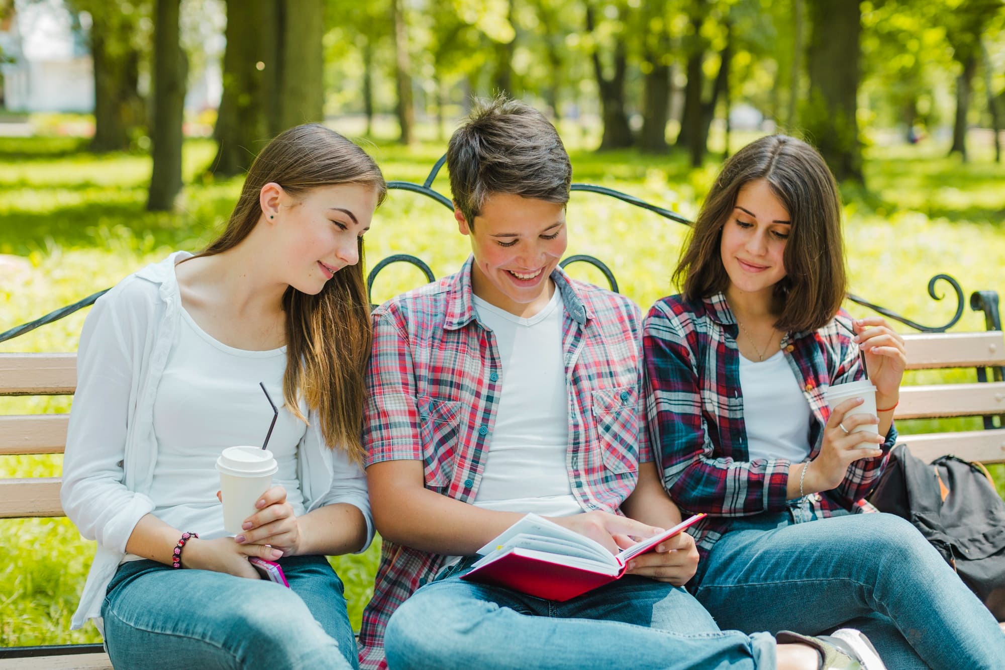 Three students studying together on a park bench