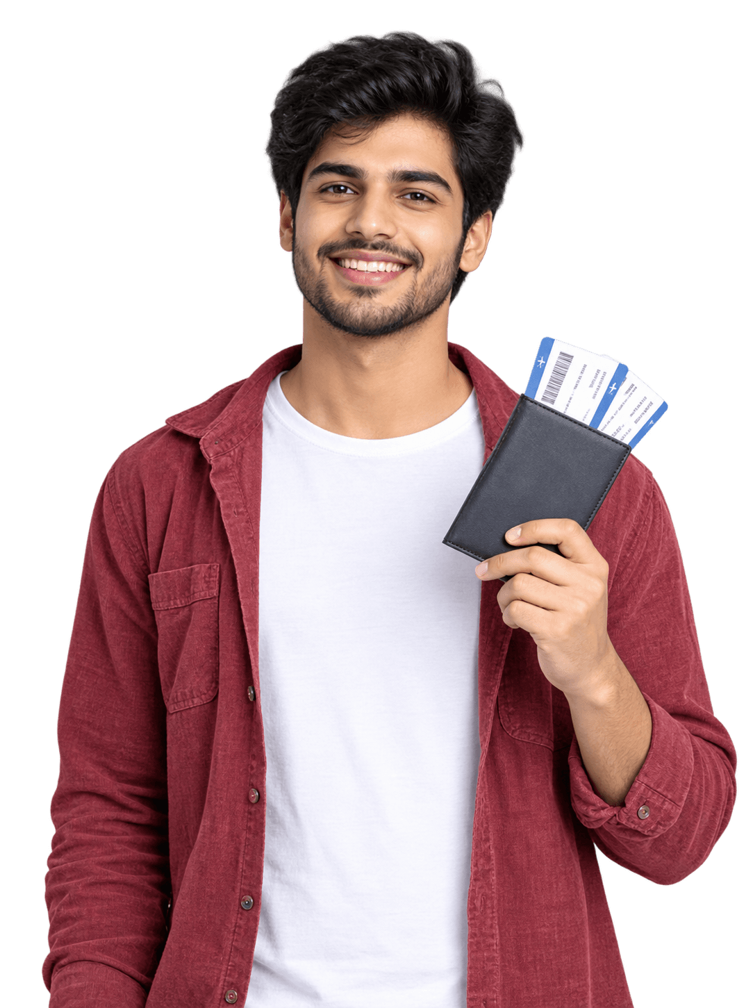 Student holding his passport and tickets