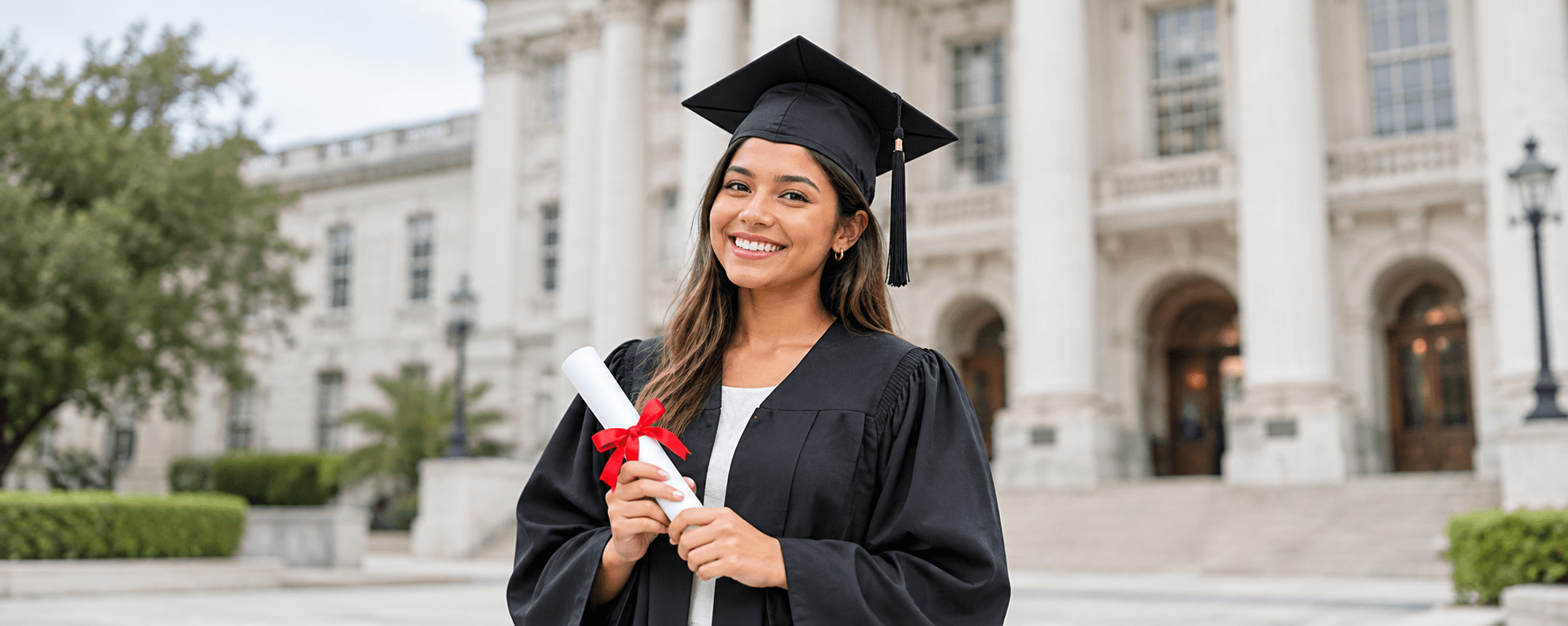 Graduate holding a diploma outside a university