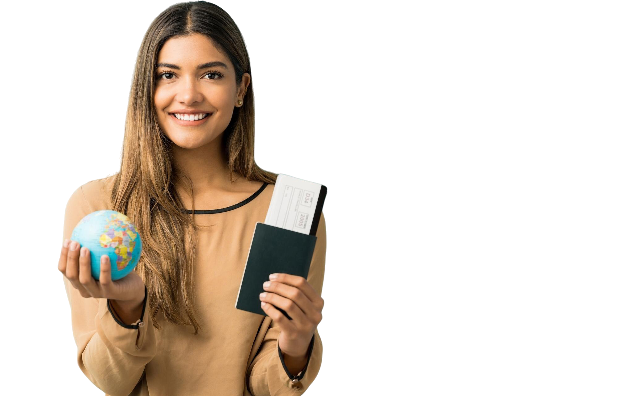 Student holding a globe, passport and boarding pass